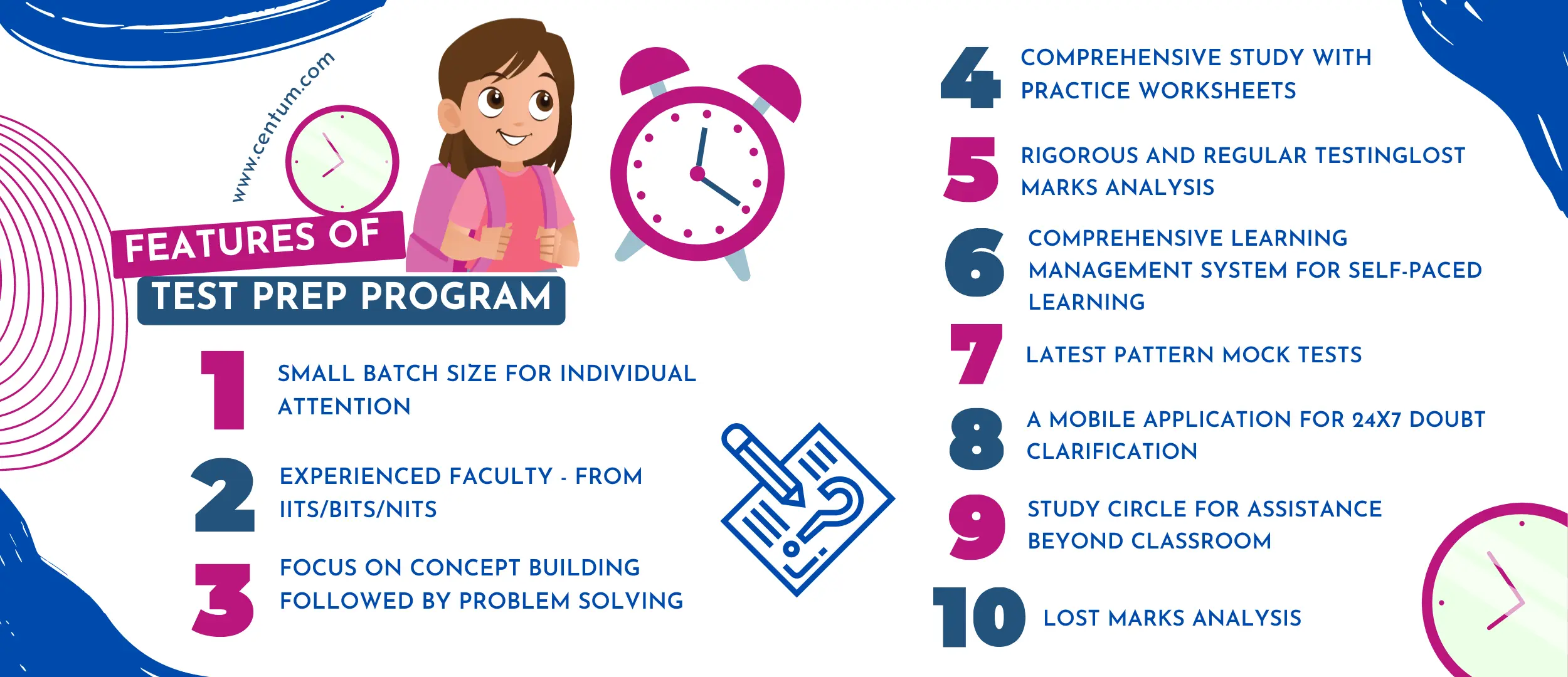 Image of features of test preparation program at Centum Academy that is Small Batch Sizes, Experienced Faculty, Concept Building, Practice Worksheets, Mock Tests, 24x7 Doubt Clarification and lost marks analysis